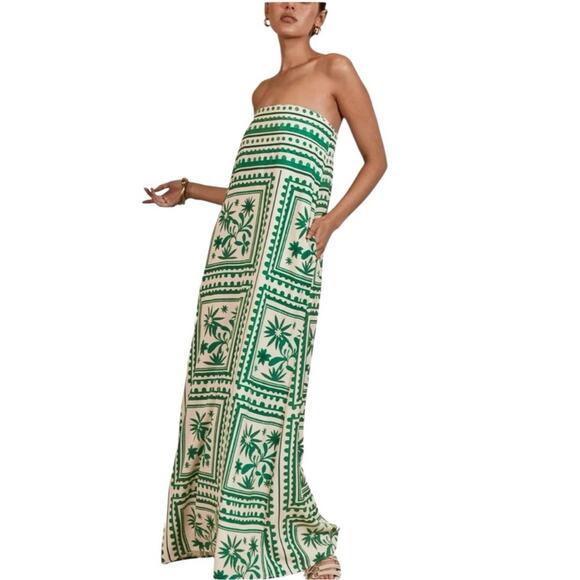 Anthropologie x Mon Renn Green and White Tropical Linen Blend Maxi Dress - Picture 8 of 11